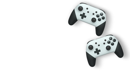 Wireless gaming controllers flying in air isolated on white background with clipping path,...