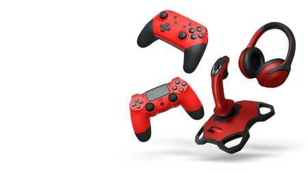 Floating gaming accessories like controllers, joystick, and headphones isolated on white background...