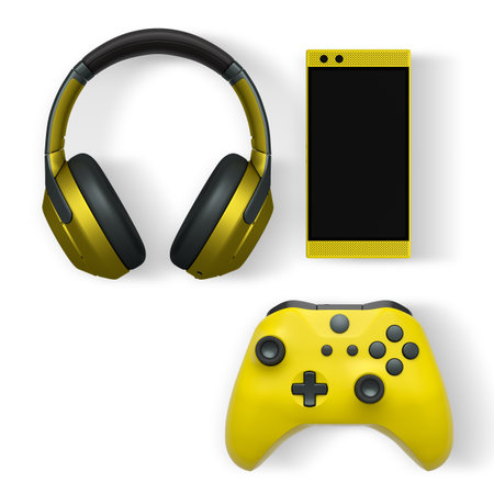 Gaming headset, smartphone, and controller arranged neatly isolated on white background with...