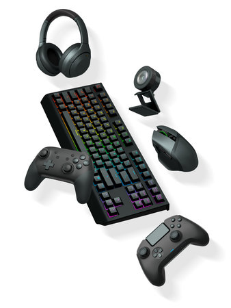 Gaming gear collection including RGB keyboard, controllers, webcam, headphones, and mouse isolated...