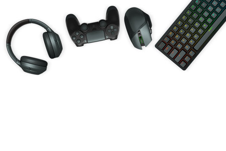 Gaming headset, console controller, ergonomic mouse, and RGB keyboard isolated on white background...