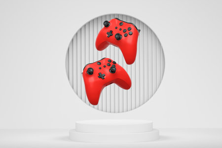 Colorful gaming controllers joystick levitating over podium against abstract background, minimalist...