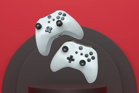 Colorful gaming controllers joystick levitating over podium against abstract background, minimalist...