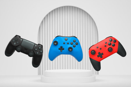 Colorful gaming controllers joystick levitating over podium against abstract background, minimalist...