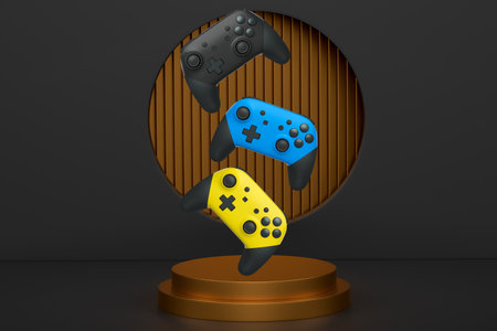 Colorful gaming controllers joystick levitating over podium against abstract background, minimalist...