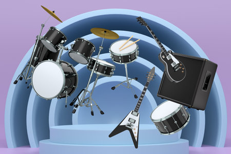 Set of guitars, drums, and amplifiers arranged on a circular podium with colorful abstract...