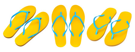 Set of beach flip-flops or sandals for summer holidays on white background. 3D render of summer...