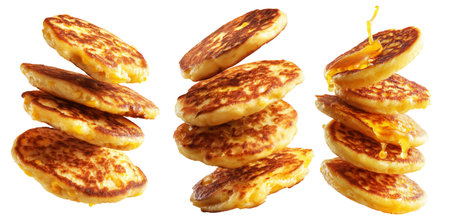 Cachapas sweet corn pancakes flying in air, isolated on white transparent background, concept of South American cuisine, breakfast or brunchの素材
