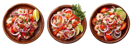 Sliced shrimp ceviche with mango cubes, red onion, herbs, and lime on wooden plate isolated on white transparent background. Concept of South American cuisineの素材