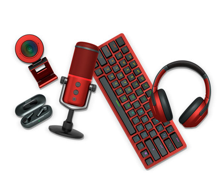 Gaming and streaming accessories including RGB keyboard, wireless mouse, headphones, mic, webcam,...