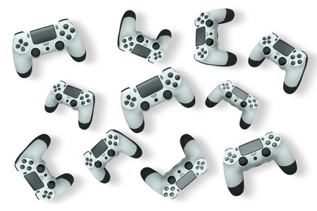 Wireless gaming controllers flying in air isolated on white background with clipping path,...