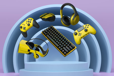 Gaming controllers, keyboard, headset, VR gear, and mouse floating above podium, digital art style,...