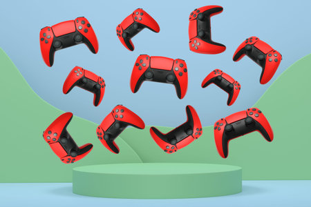 Colorful gaming controllers joystick levitating over podium against abstract background, minimalist...