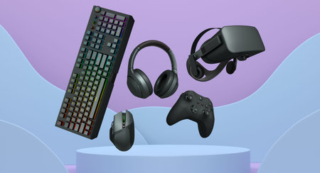 Gaming accessories including keyboard, headset, mouse, controller, and VR headset, shown above...