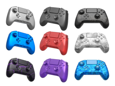 Collection of gaming controllers with different colors and designs for gaming enthusiasts isolated...