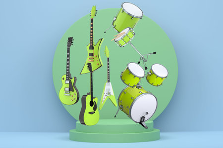 Set of electric guitars, acoustic guitar, and drum set suspended in air above podium, on a pastel...