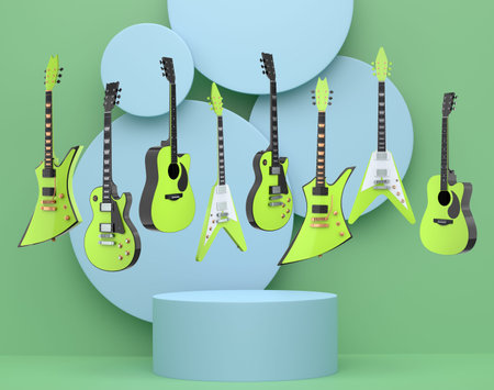 Various electric and acoustic guitars floating over podium on a pastel colorful abstract background,...