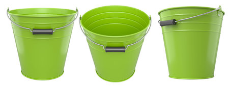 Set of metal buckets with plastic handles isolated on white background, concept of tools, storage, or gardening.の写真素材