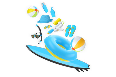 Colorful beach accessories including surfboard, float, flip-flops, and water gun isolated on white...