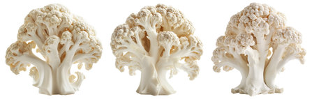 Close-up of a fresh cauliflower head with green leaves, isolated on white transparent background. Concept of healthy eating, nutrition, and balanceの素材