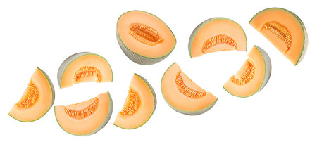 Fresh cantaloupe melon wedges with seeds displayed in a scattered seamless pattern, natural style, isolated on white background, concept of summer fruitの素材