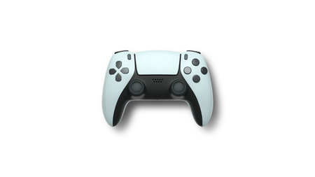 Wireless gaming controller flying in air isolated on white background with clipping path,...