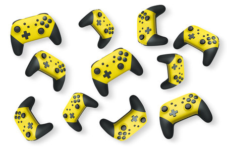 Wireless gaming controllers isolated on white background with clipping path, symbolizing gaming...