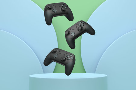Colorful gaming controllers joystick levitating over podium against abstract background, minimalist...
