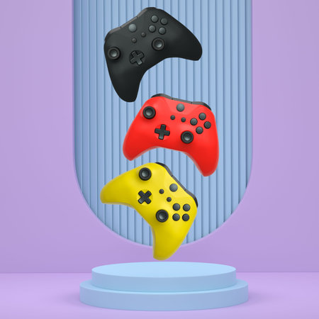 Colorful gaming controllers joystick levitating over podium against abstract background, minimalist...
