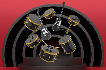 Set of electric guitars, acoustic guitar, and drum set suspended in air above podium, on a pastel colorful background, symbolizing musicの写真素材