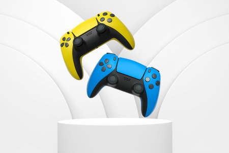 Colorful gaming controllers joystick levitating over podium against abstract background, minimalist...