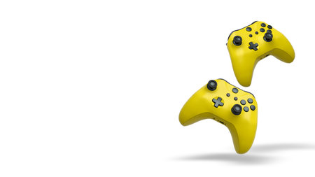 Wireless gaming controllers flying in air isolated on white background with clipping path,...