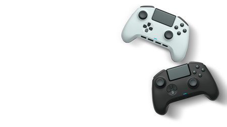 Wireless gaming controllers isolated on white background with clipping path, symbolizing gaming...