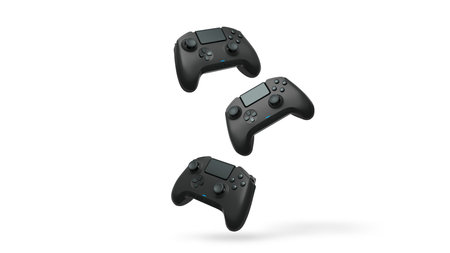 Wireless gaming controllers flying in air isolated on white background with clipping path,...