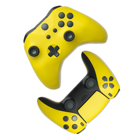 Wireless gaming controllers in air isolated on white background with clipping path, symbolizing...