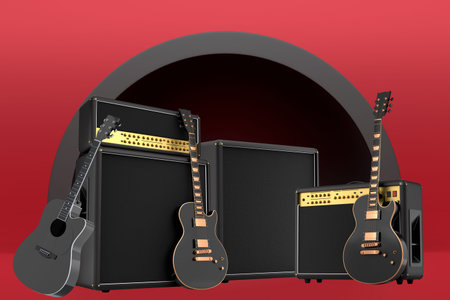 Set of guitars and amplifier on red background