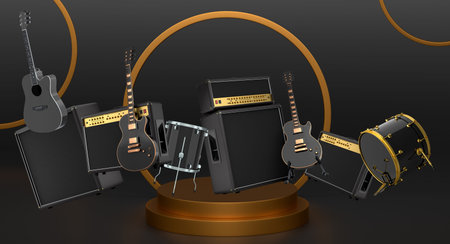 Set of guitars, drums, and amplifiers arranged on podium with abstract background. Concept of modern...