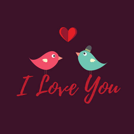 I Love You card vector illustration with birds and a heart on a dark backgroundのイラスト素材