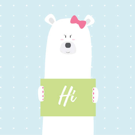 Polar bear girl Hi vector card illustration on a dotted pattern backgroundのイラスト素材