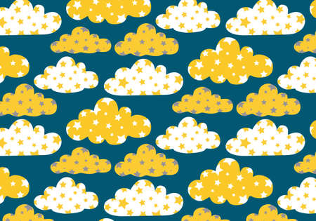 Clouds and stars vector pattern, illustration in gold, white and gray colors palette on a dark blue backgroundのイラスト素材
