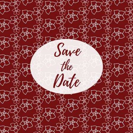 Save the date, wedding invitation card template with white flowers vector pattern illustration on a dark red background. Floral background.のイラスト素材