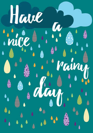 Have a nice rainy day vector card template illustration, rain in colors teal backgroundのイラスト素材
