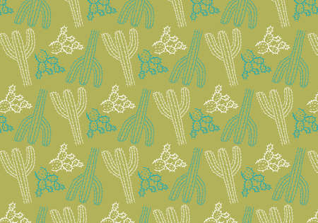 Hand drawn cactus vector pattern in a green, white and blue color paletteのイラスト素材