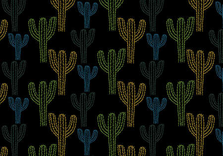 Hand drawn cactus vector pattern in a green, yellow,blue and white color paletteのイラスト素材