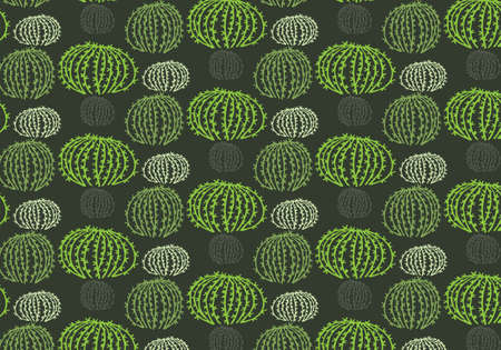 Hand drawn cactus vector pattern in green colors on a dark green backgroundのイラスト素材