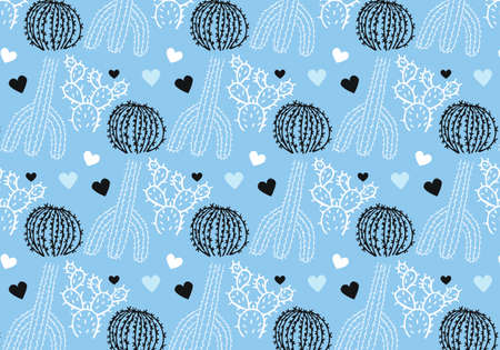 Hand drawn cactus and hearts vector pattern in white, blue and black color paletteのイラスト素材