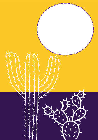 Hand drawn cactus and leaves vector card template in yellow, purple and white color paletteのイラスト素材