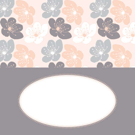 Hand drawn cherry blossom flower vector pattern card template in a gray, pink and white color paletteのイラスト素材