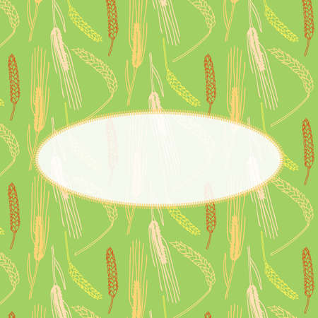 Hand drawn spring wheat vector pattern card template in green and orange colors paletteのイラスト素材