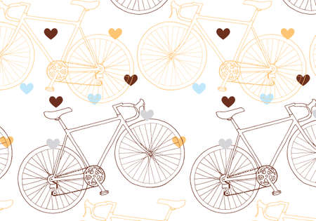 Vector bicycle and hearts pattern in red, blue,orange and gray colors palette on white background. Valentine.のイラスト素材